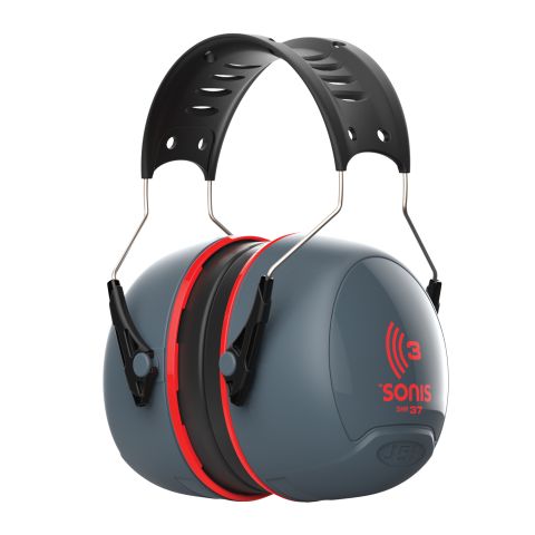 Sonis®3 Ear Defenders With Over Moulded Headband Dark Grey Cup/Extra Visibility Red Plate (SNR 37)