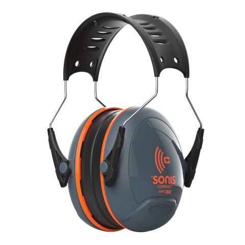 Sonis® Compact Ear Defenders With Over Moulded Headband Dark Grey Cup/Extra Visibility Orange Plate (SNR 32)