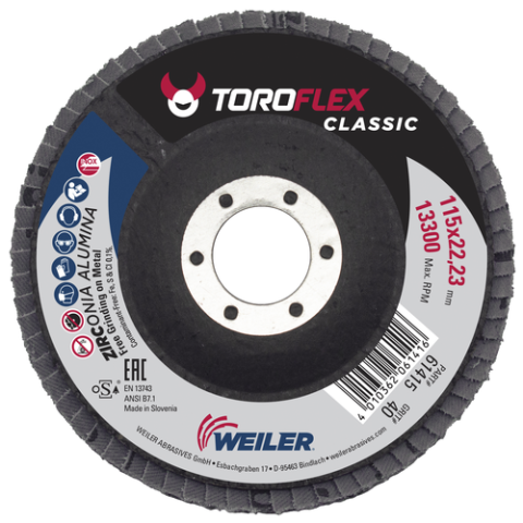 Dysk lamelkowy Weiler® Toroflex® PRO 61415, z ziarnem cyrkonowym, do szlifowania i wykańczania metalu, stali nierdzewnej i żeliwa