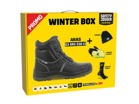 Zestaw Winter Box z trzewikiem ARAS S3 SRC ESD CI rozmiar 38  + akcesoria promocyjne Safety Jogger (czapka, rękawice i skarpety)